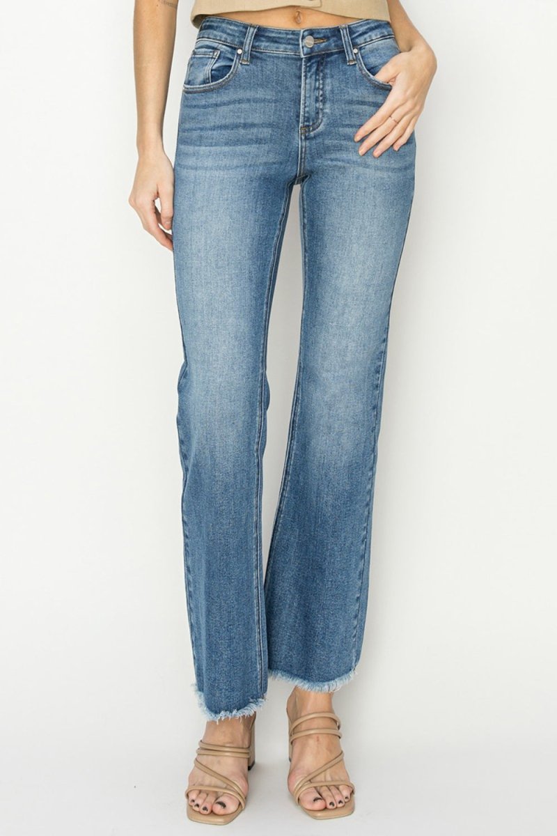 RISEN Mid-Rise Frayed Hem Bootcut Jeans for Women - Love Salve